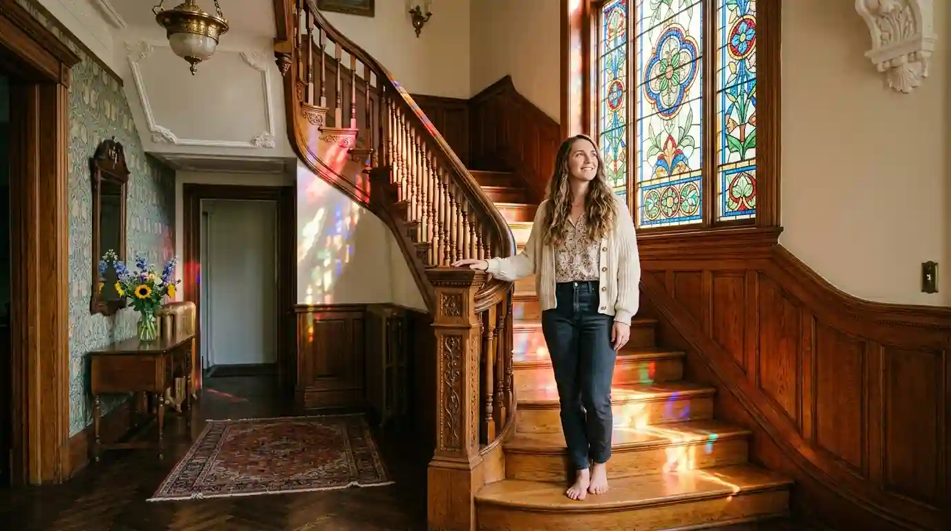 Harper smiling peacefully in the sunlight of her restored Victorian foyer