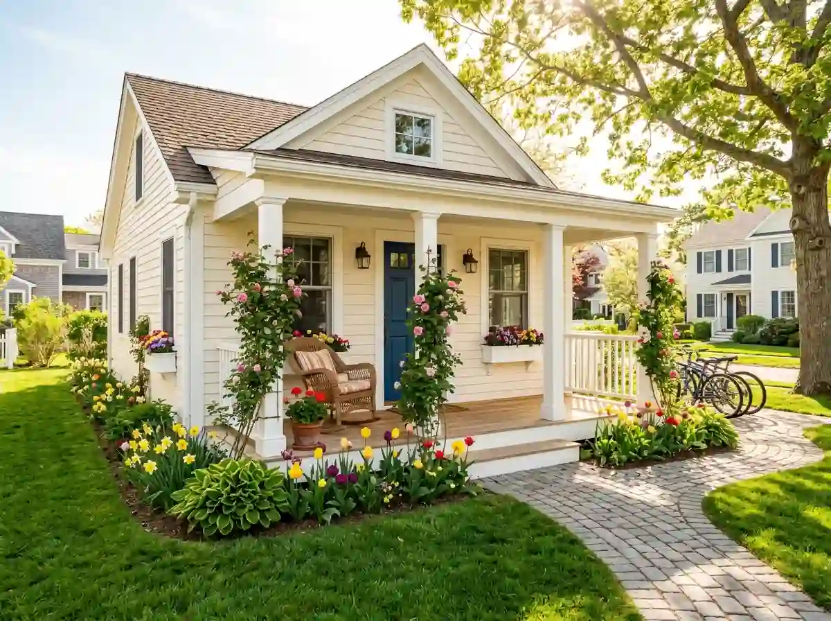 A beautifully restored white house with fresh paint and blooming spring flowers