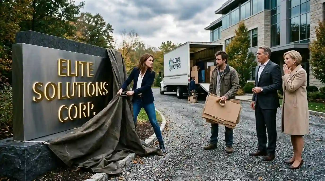 Sienna pulling a tarp off a corporate sign while her family looks on in horror next to a moving truck