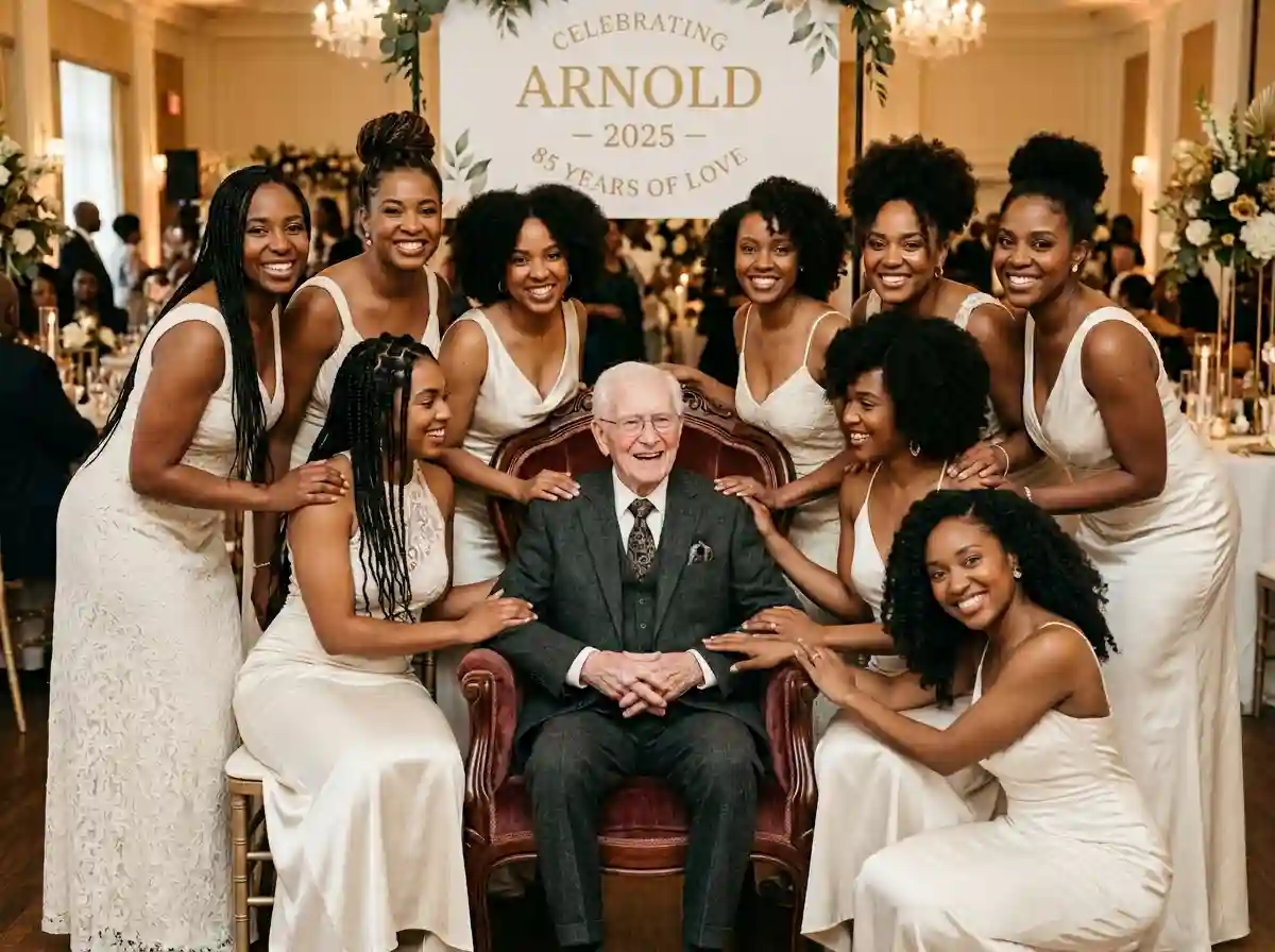An elderly white man in an armchair surrounded by nine elegant grown Black women