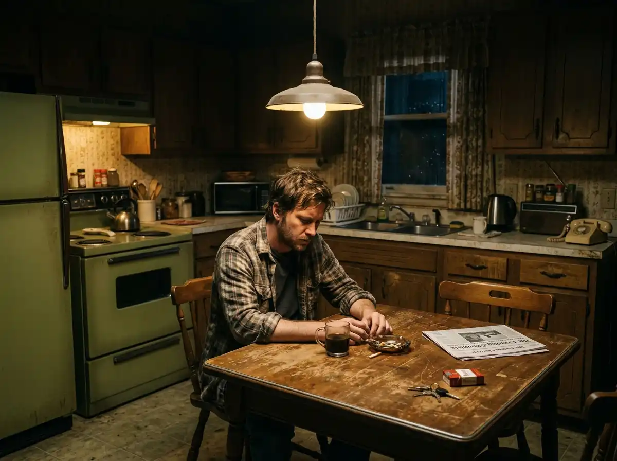 A grieving man sitting alone at a vintage kitchen table under a dim light