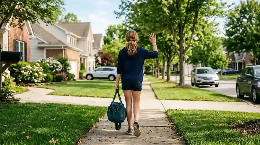 A teenage girl with a duffel bag walking down the sidewalk away from home