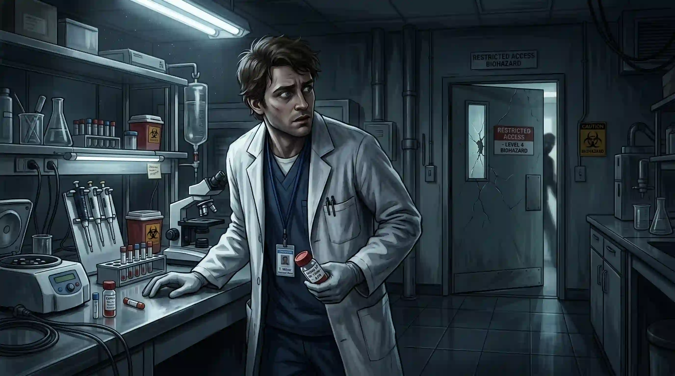 Illustration of Thomas Avery secretly holding a vial in a dark lab