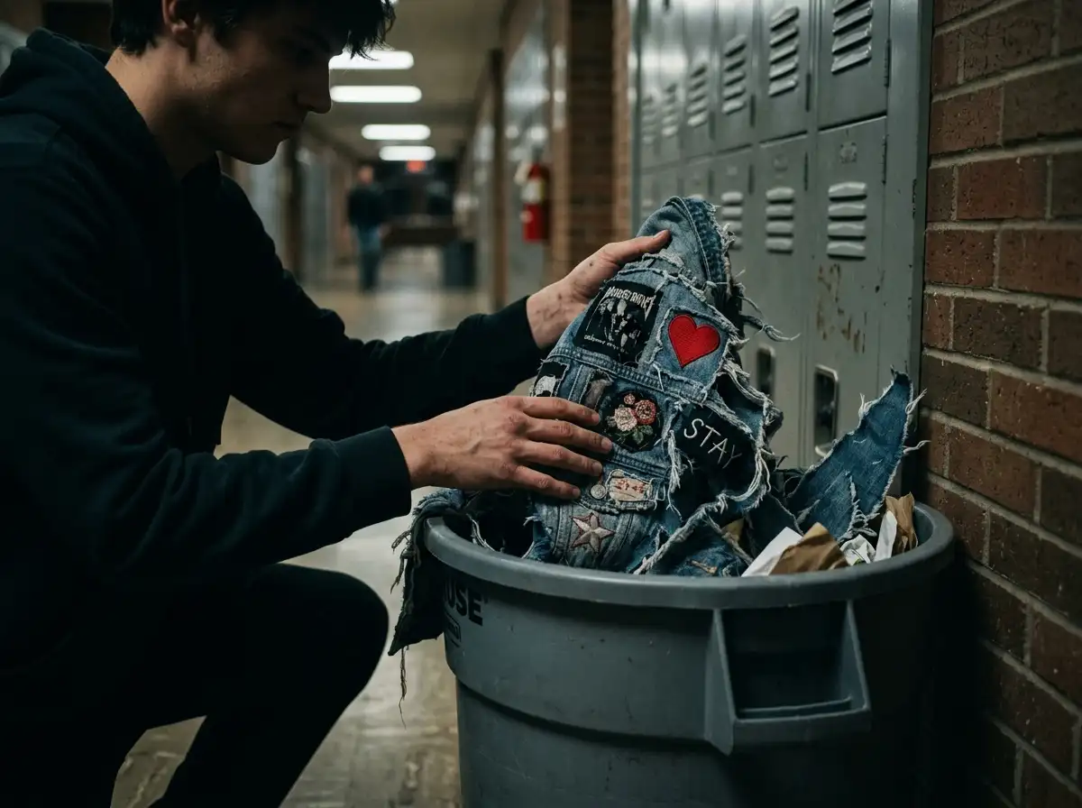 The pieces of a torn denim jacket sticking out of a school hallway trash can
