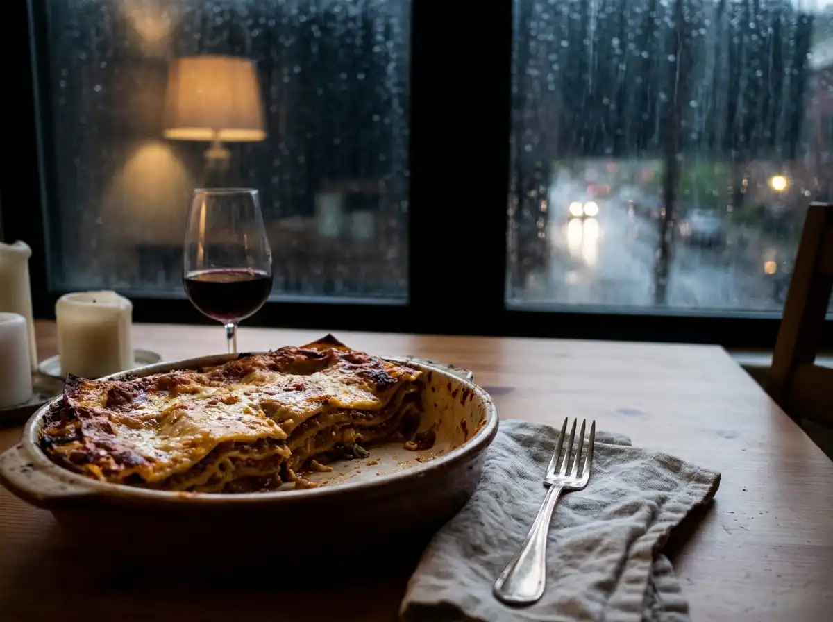 A delicious homemade lasagna left untouched on a dark dining table
