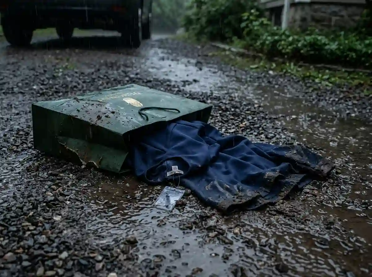 A ruined navy blue dress lying in the wet gravel during a rainstorm
