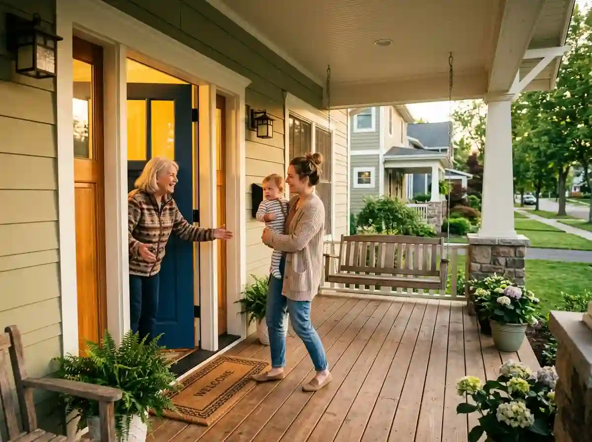 An older woman welcoming a young mother and child into a brightly lit home