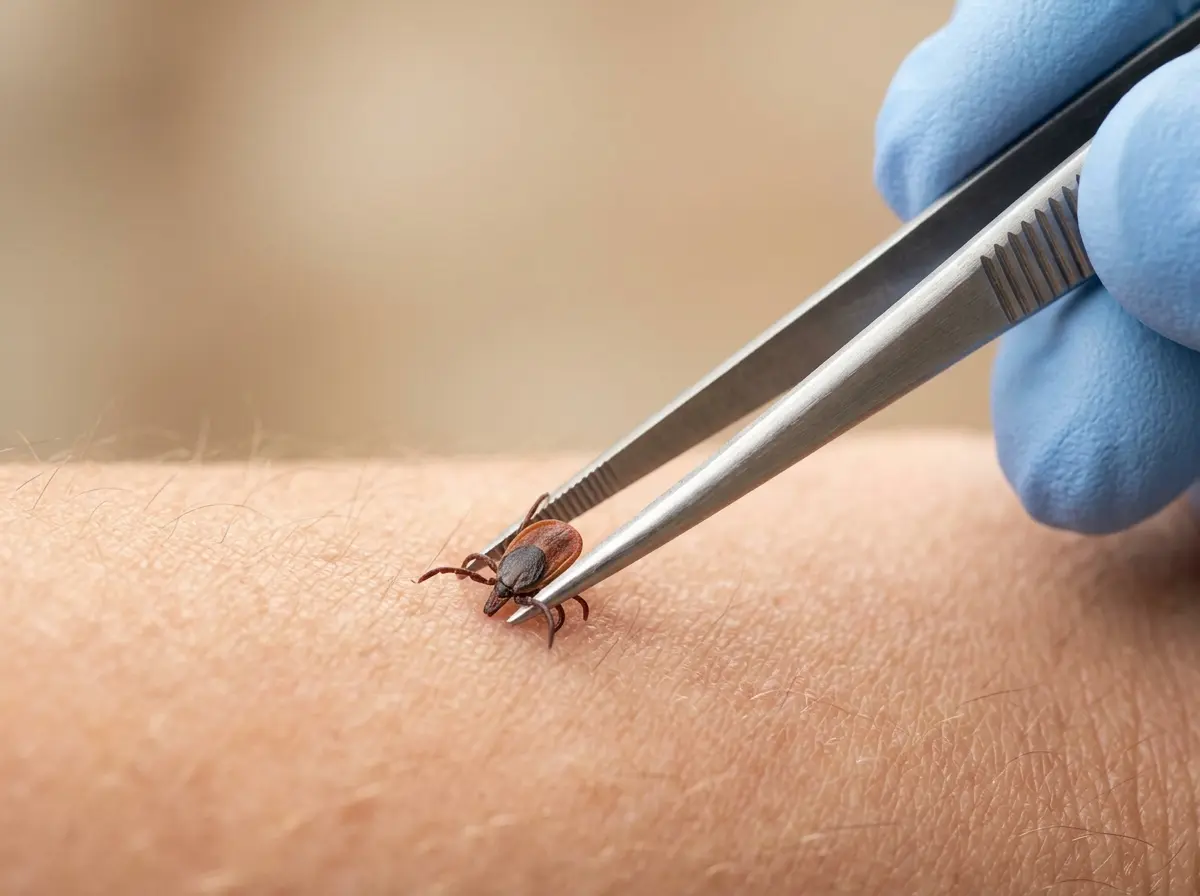 A close-up of fine-tipped tweezers safely gripping a tick close to the skin