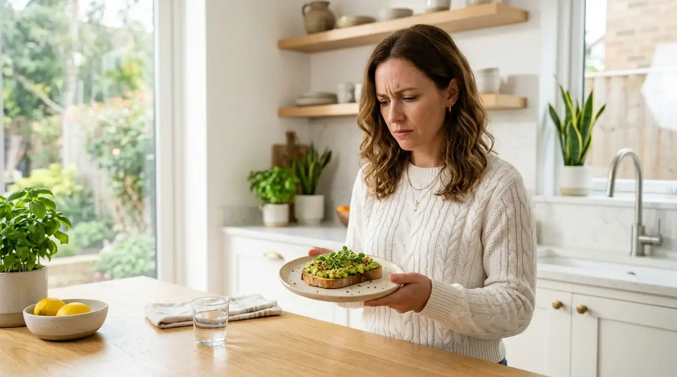 Sarah looking concerned while holding a piece of avocado toast