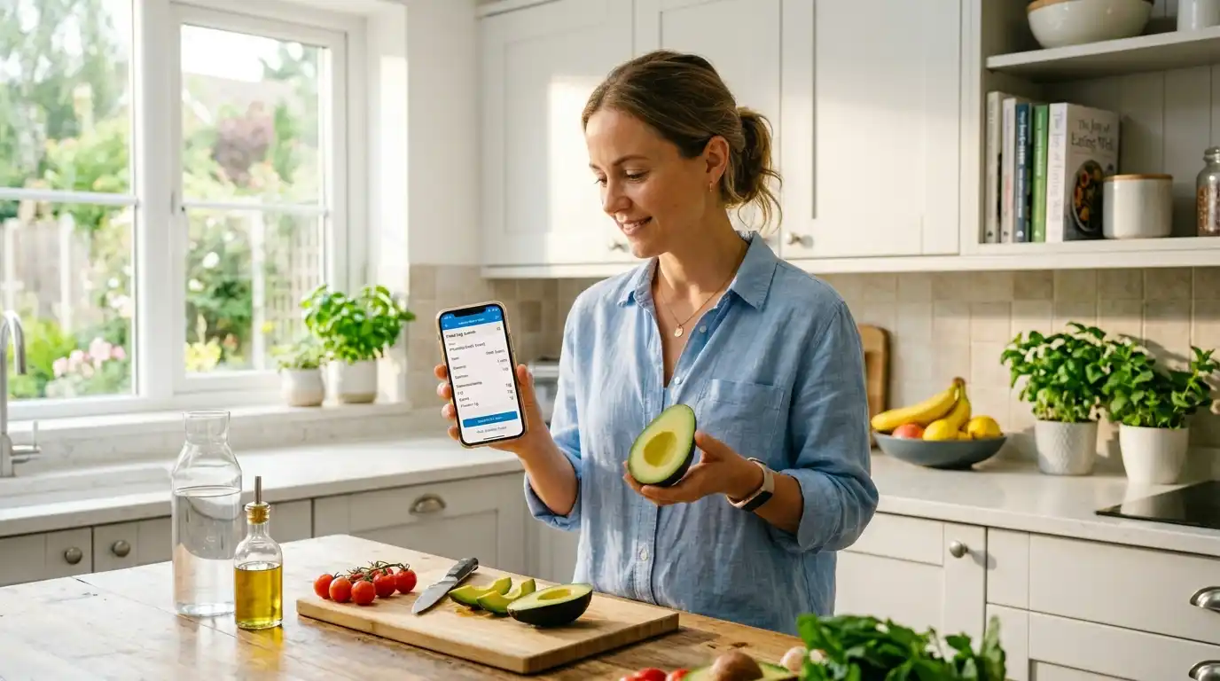 Sarah smiling while tracking calories on her phone holding an avocado