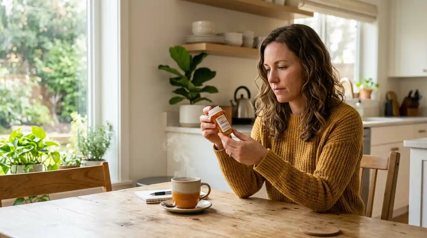 Sarah carefully reading the label on her daily medication bottle