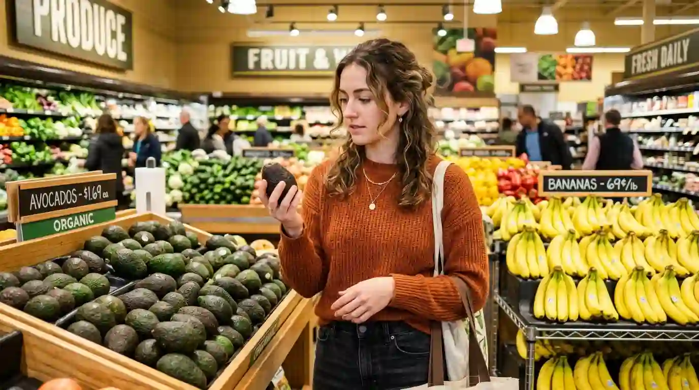 Sarah inspecting avocados and bananas in a grocery store