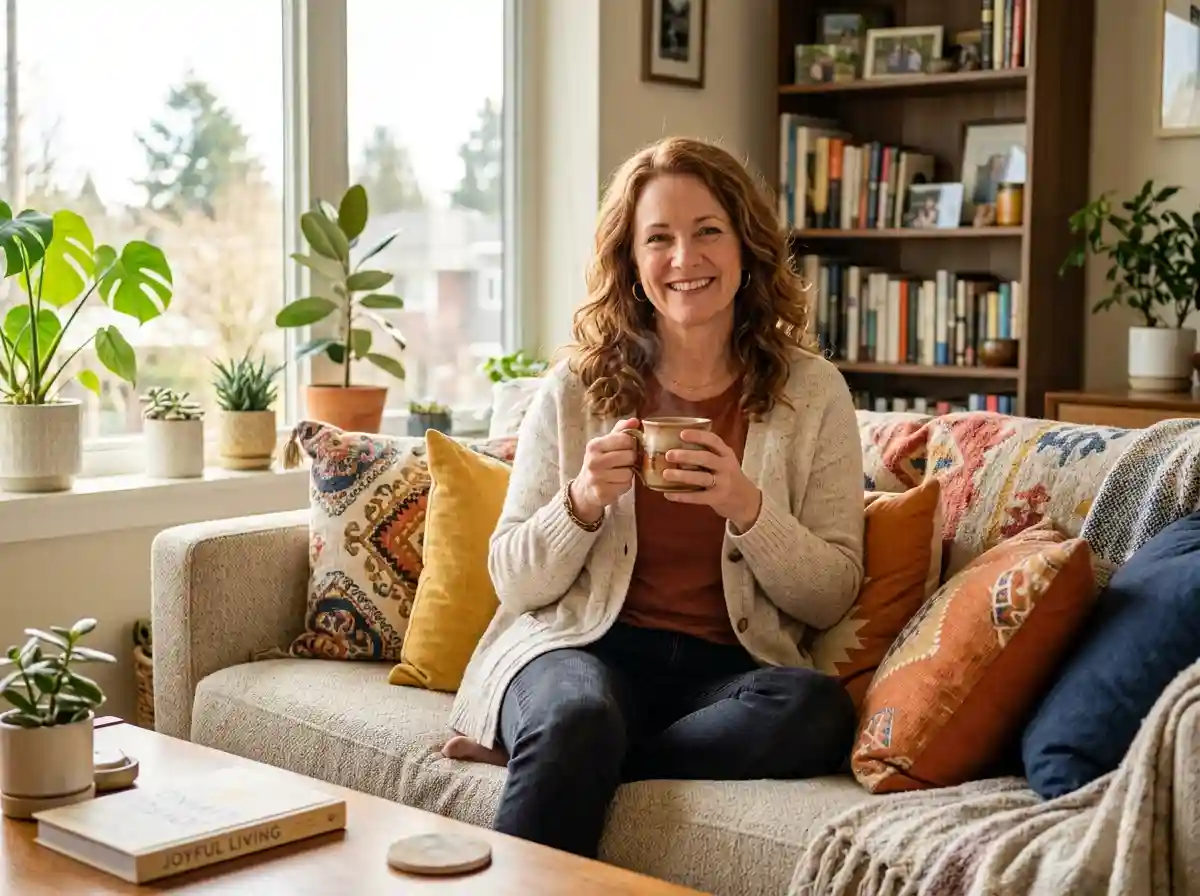 Sarah sitting confidently in her cozy, sunlit apartment