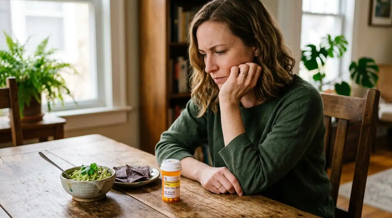 Sarah looking at a prescription medicine bottle next to a bowl of guacamole