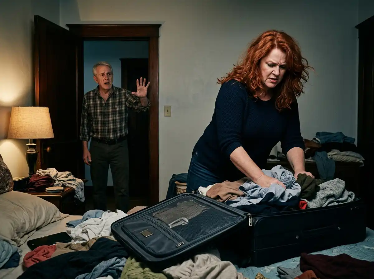 Sarah aggressively packing her bags while Mike watches in surprise