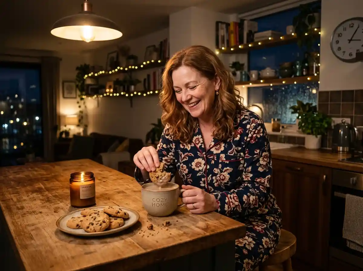 Sarah happily eating cookies and drinking milky tea in her own kitchen