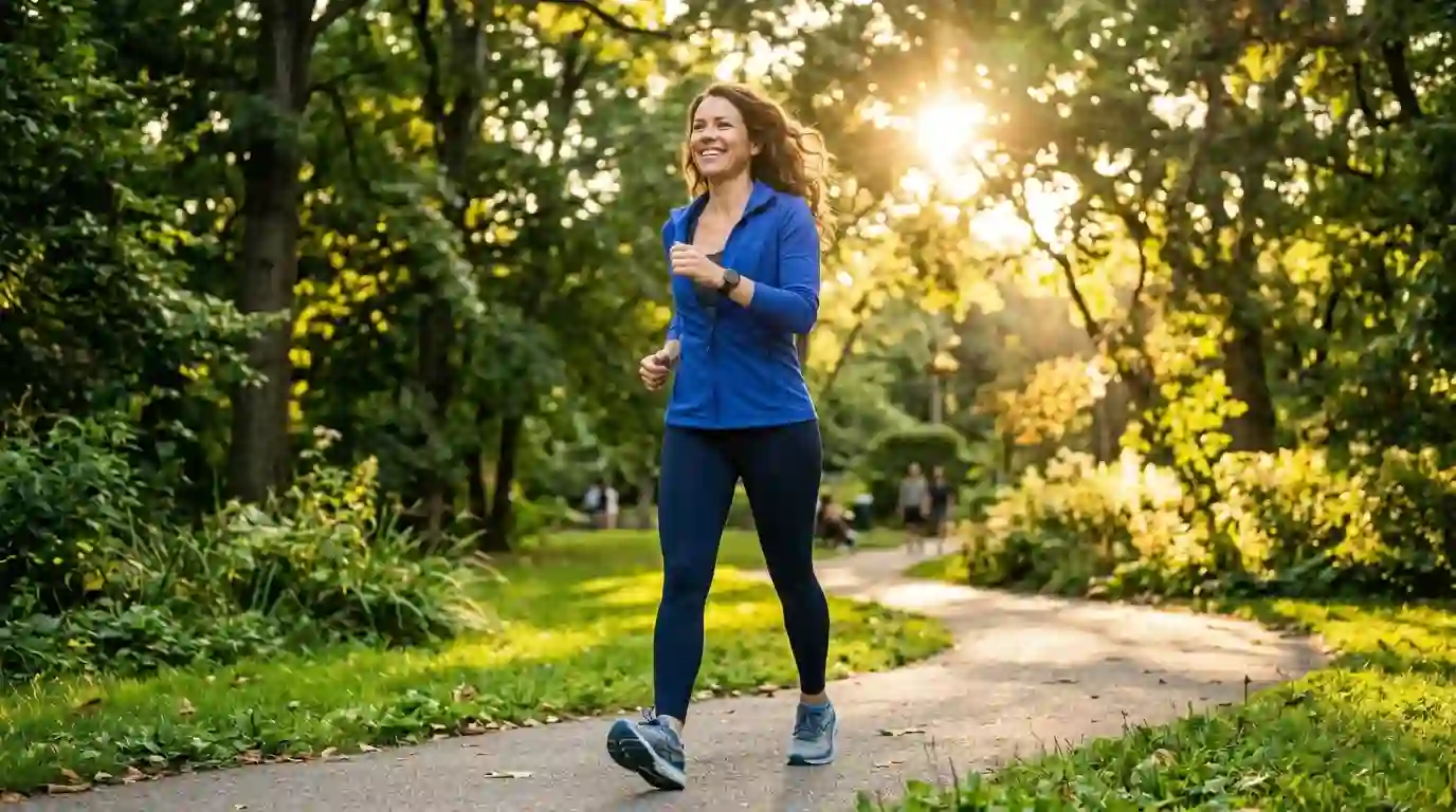 Sarah walking actively through a lush, sunny park