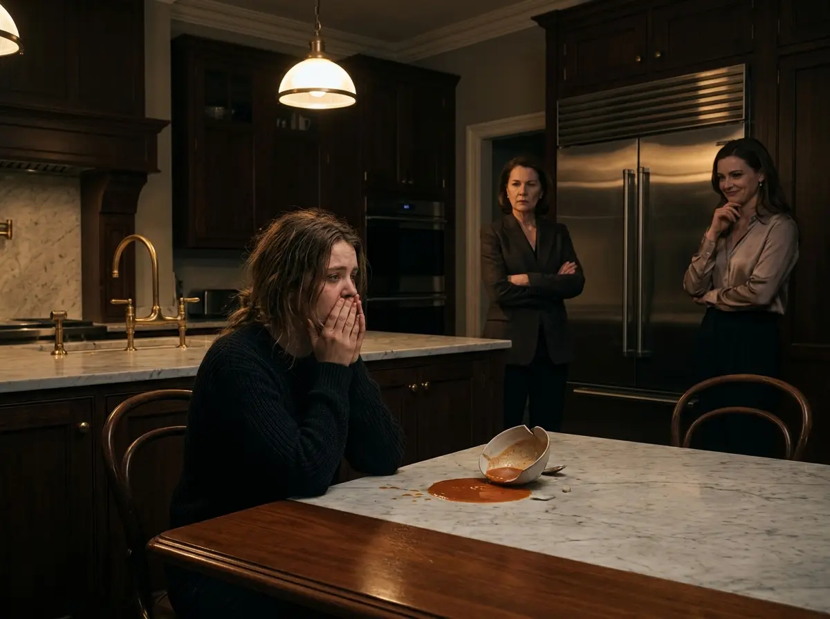 A tense kitchen scene showing the aftermath of spilled soup and broken trust.