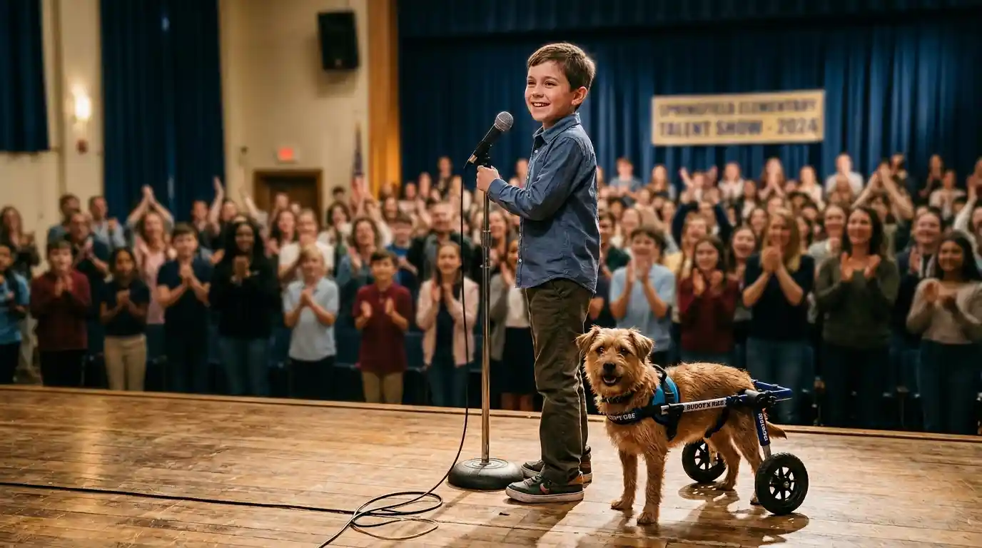 A young boy on a school stage with his dog in a wheelchair while the crowd applauds