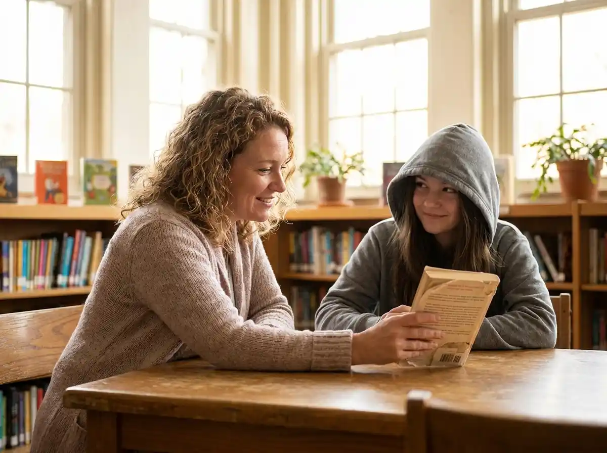 A mother sitting across from a lonely teenage girl in a school library, smiling gently