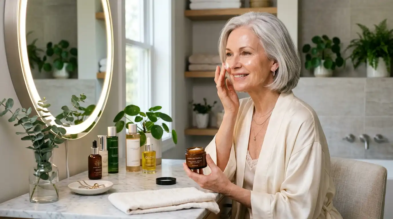 Eleanor applying moisturizer in the mirror