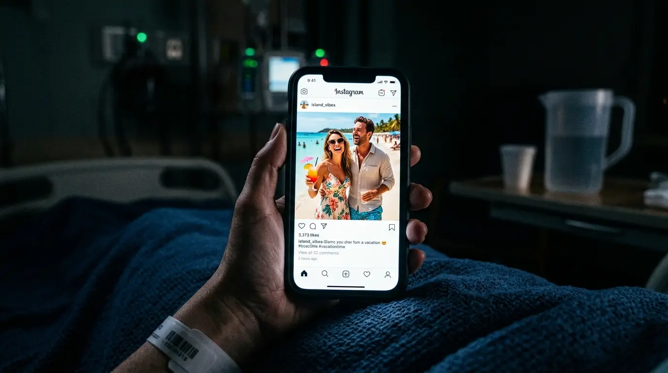 A close up of a smartphone screen showing a woman at a resort with another man, held in a dark hospital room
