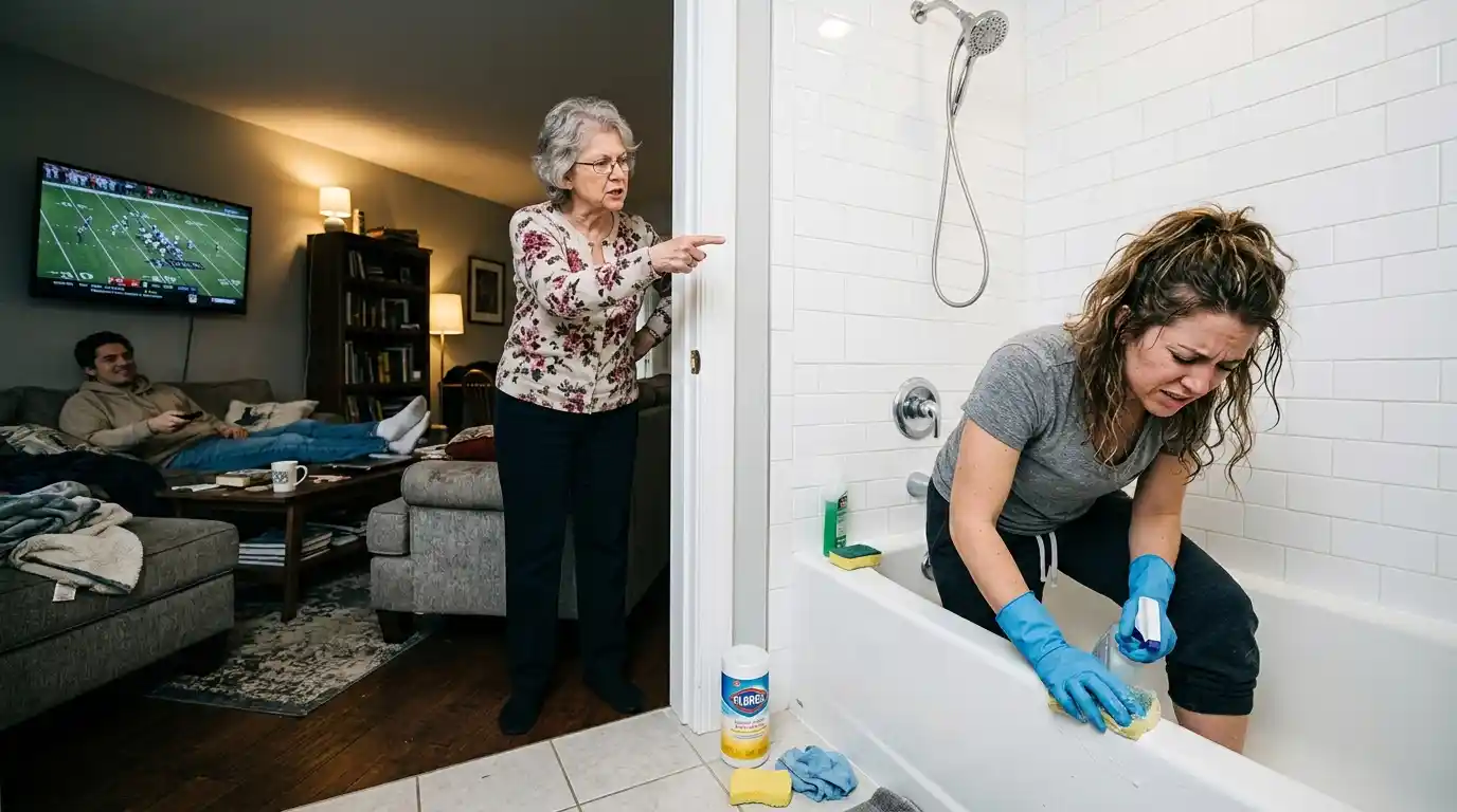 Exhausted woman scrubbing a bathroom while mother-in-law dictates and fiancé watches TV