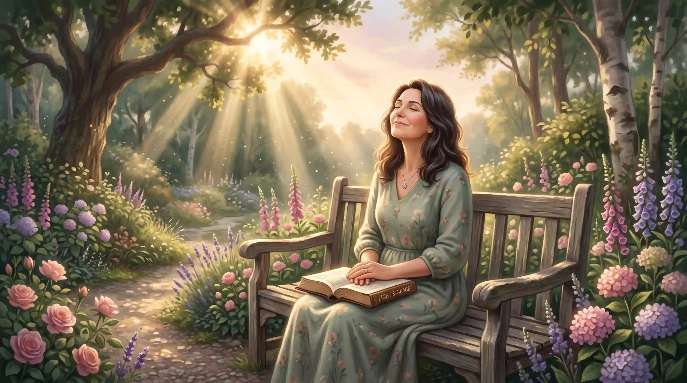Illustration of a woman sitting peacefully in a sunlit garden