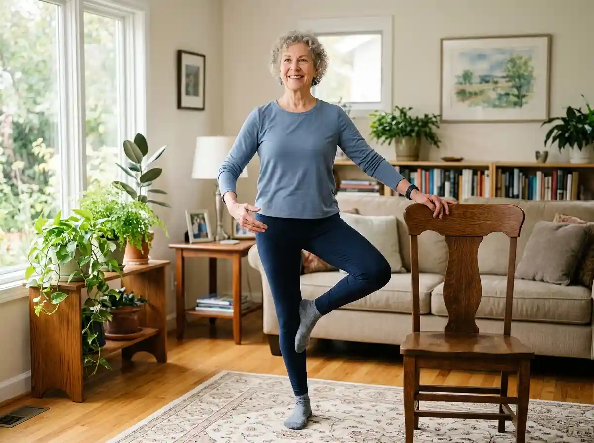 An active senior woman practicing a balance exercise using a chair