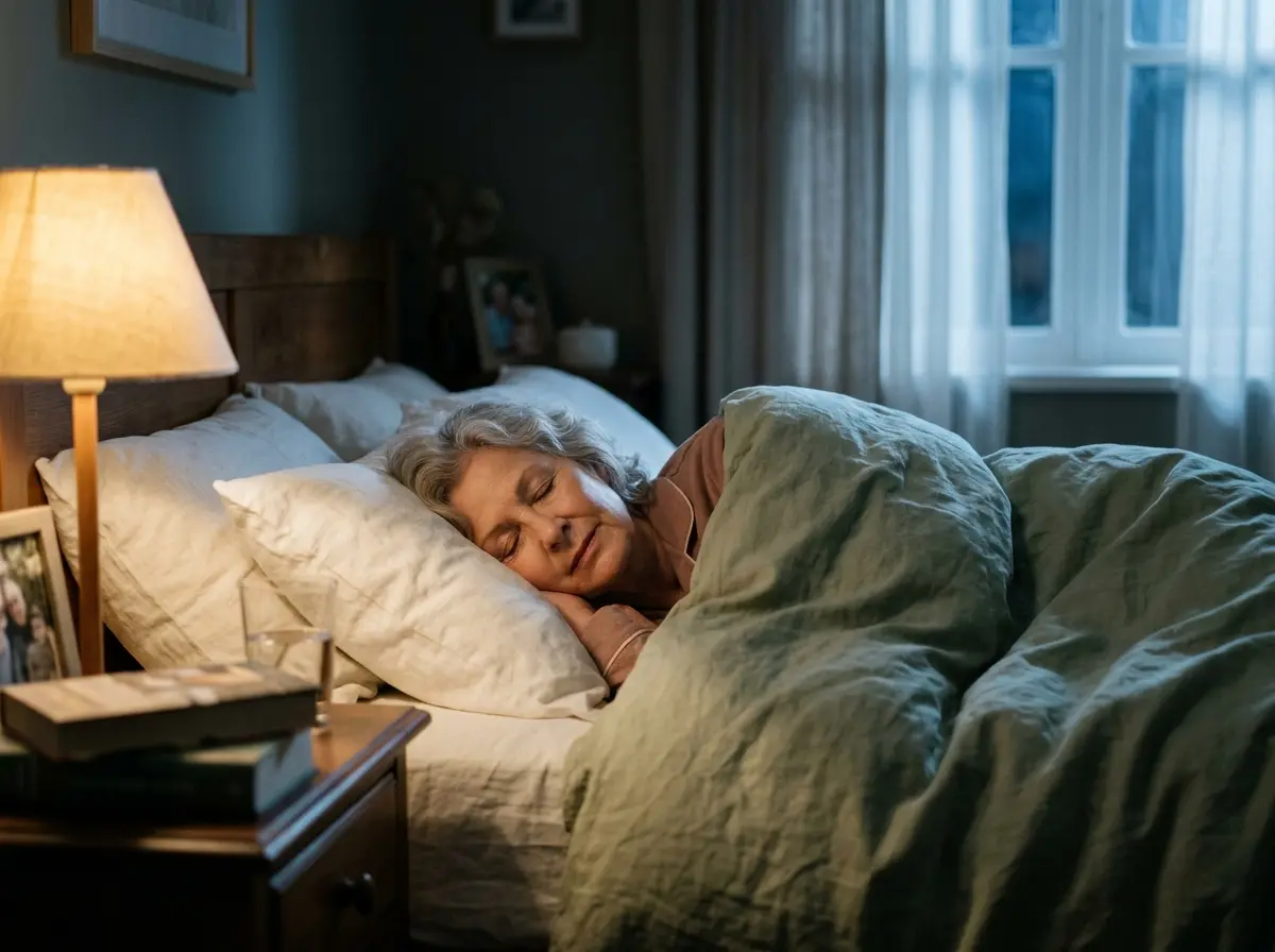 A senior woman sleeping deeply and comfortably in a cozy bed