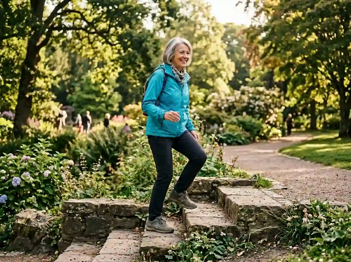 A vibrant 65-year-old woman walking confidently up stone steps outdoors.