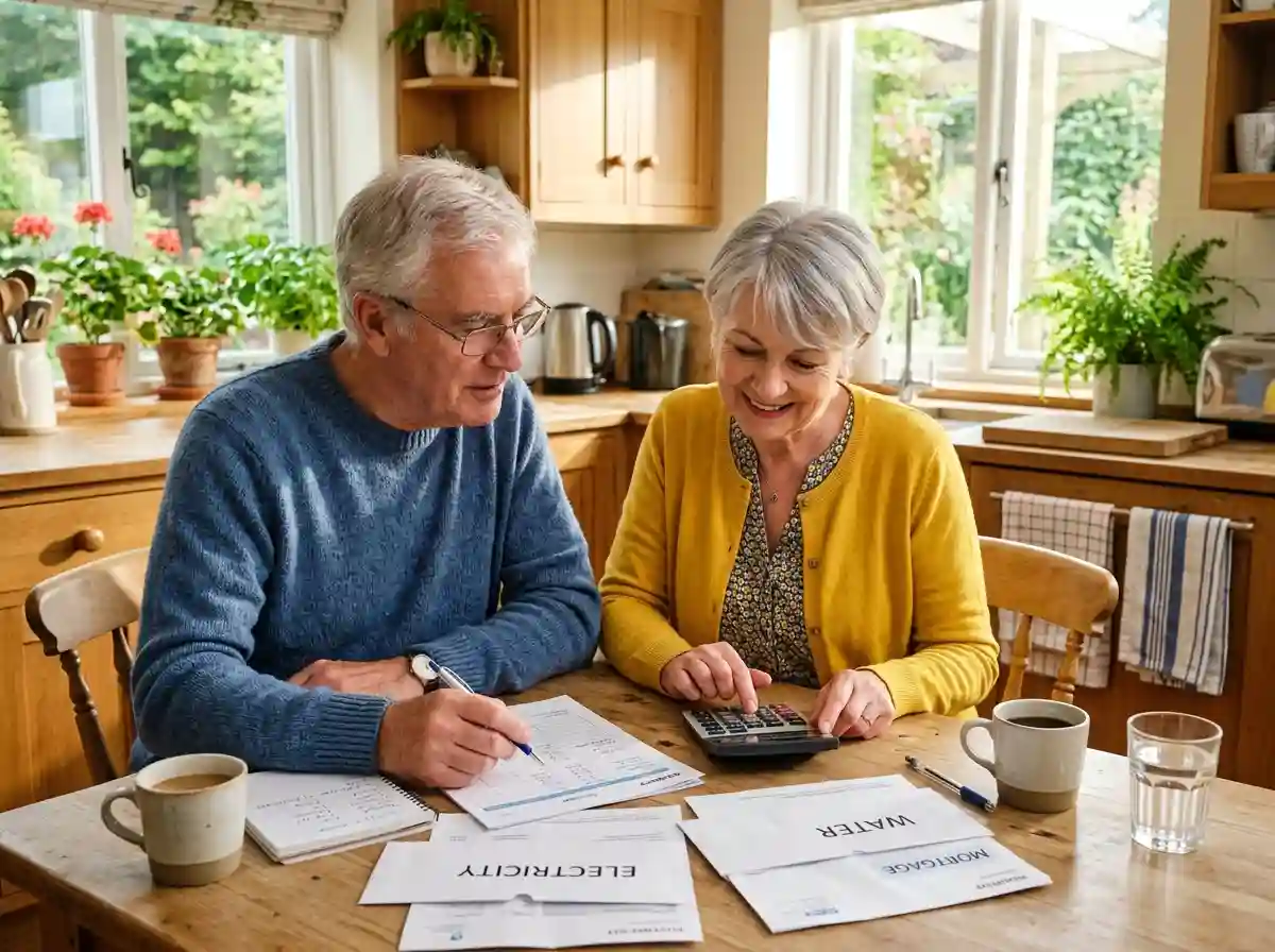 A silver-haired couple sitting at a kitchen table looking at bills and a calculator.