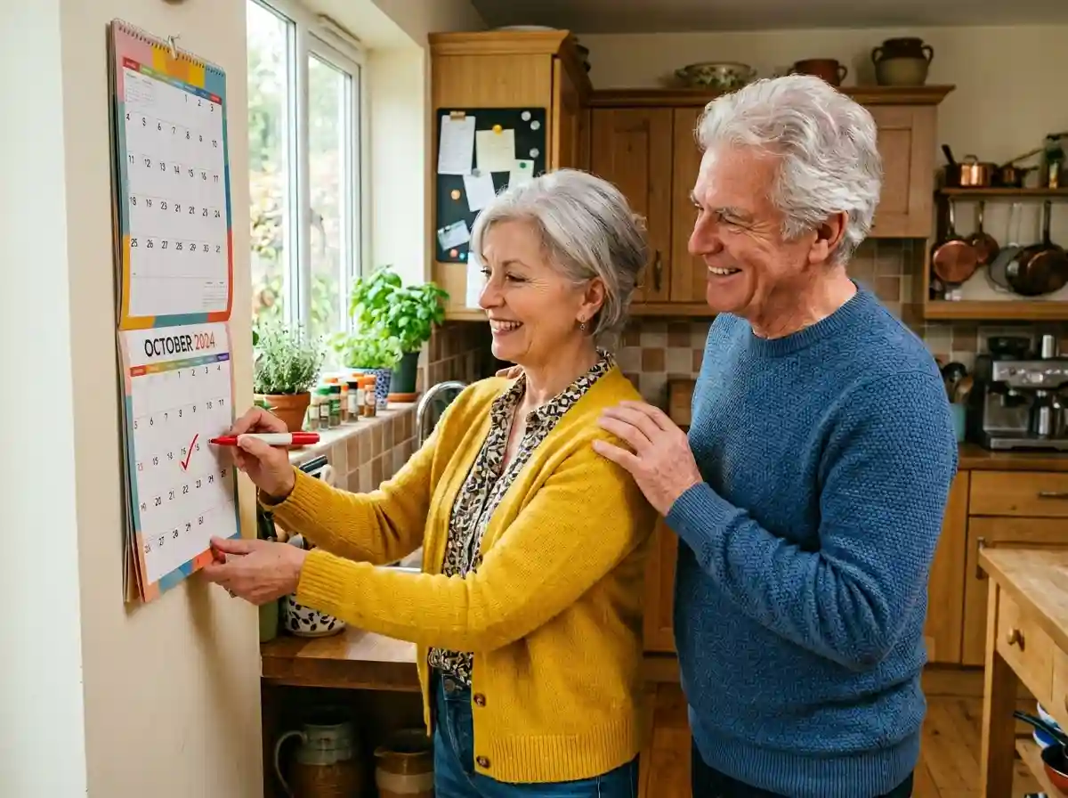 An older woman happily circling October 14 on a wall calendar while her husband smiles.