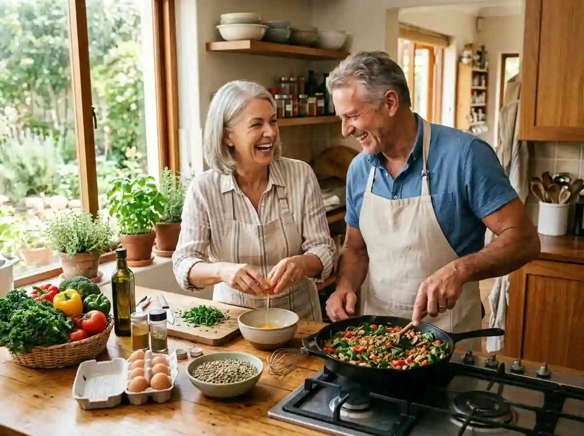 A cheerful older couple cooking a protein-rich meal in a bright kitchen