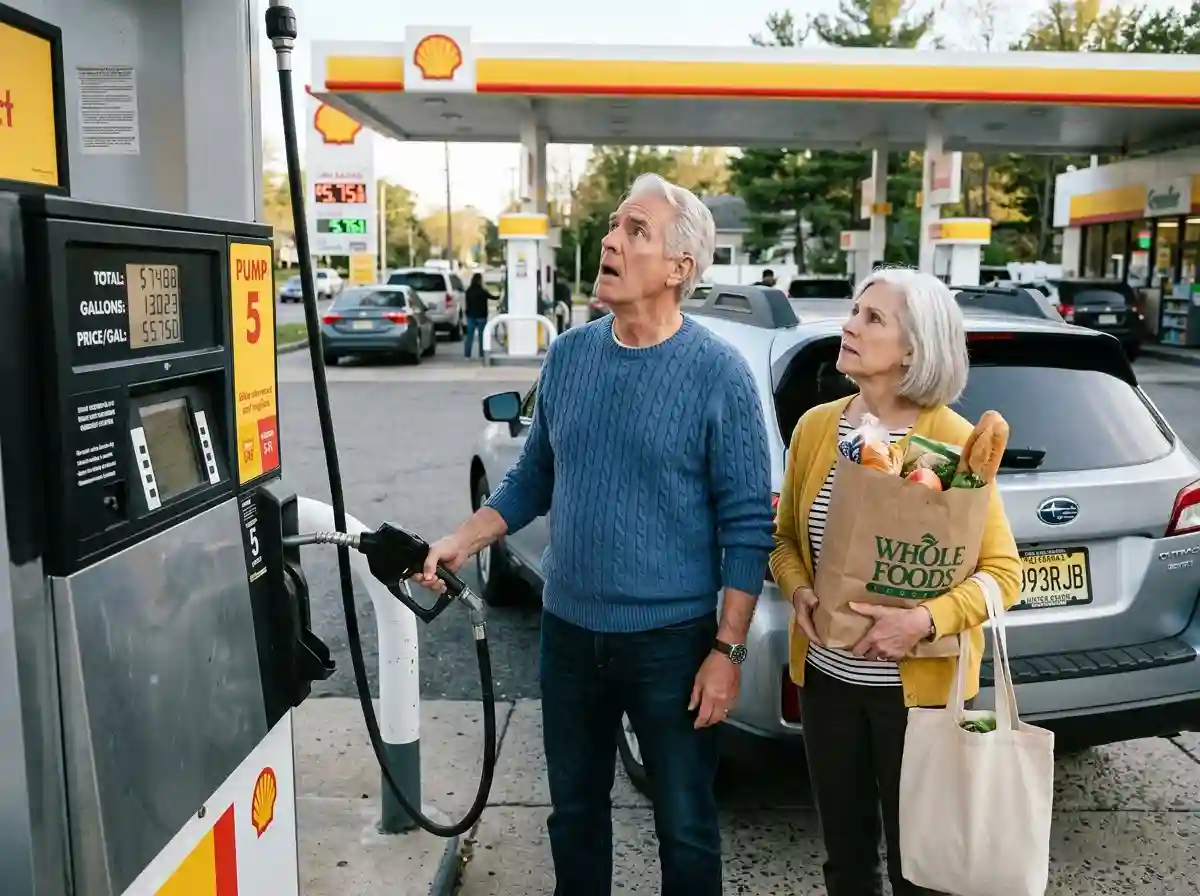 An older couple looking shocked at the rising prices at a gas station pump.