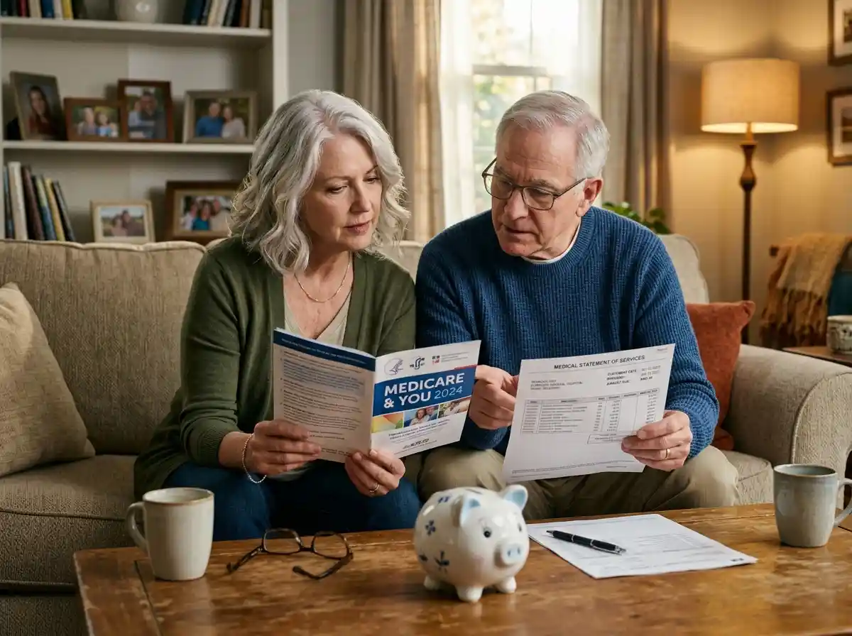 An older couple sitting on a sofa looking thoughtfully at a medical bill and a Medicare booklet.
