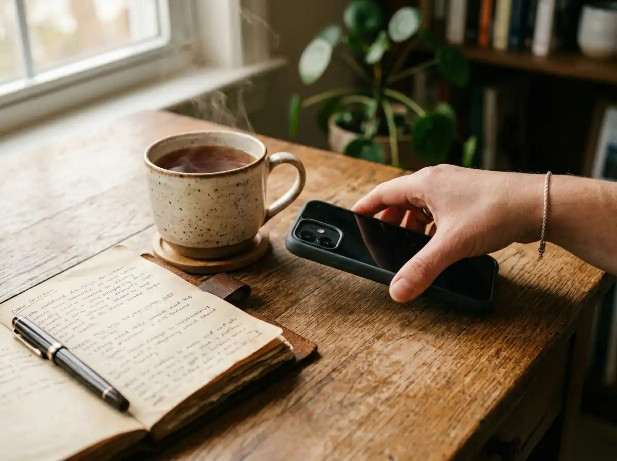 A smartphone turned face down on a desk next to a cup of tea