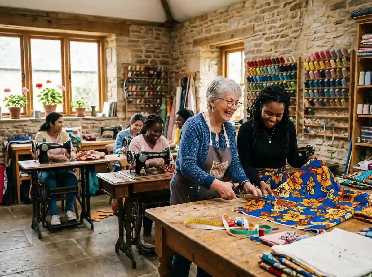 An older woman smiling and teaching younger women how to sew in a bright workshop