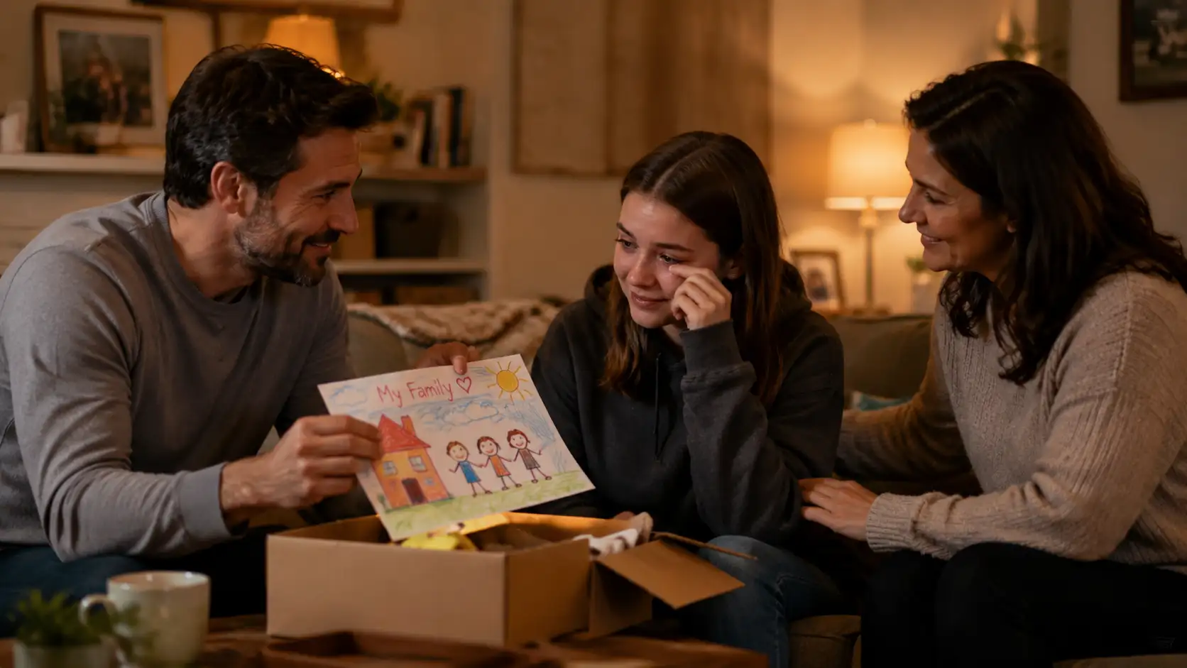 Ryan showing Ava a drawing from his deceased daughter's memory box