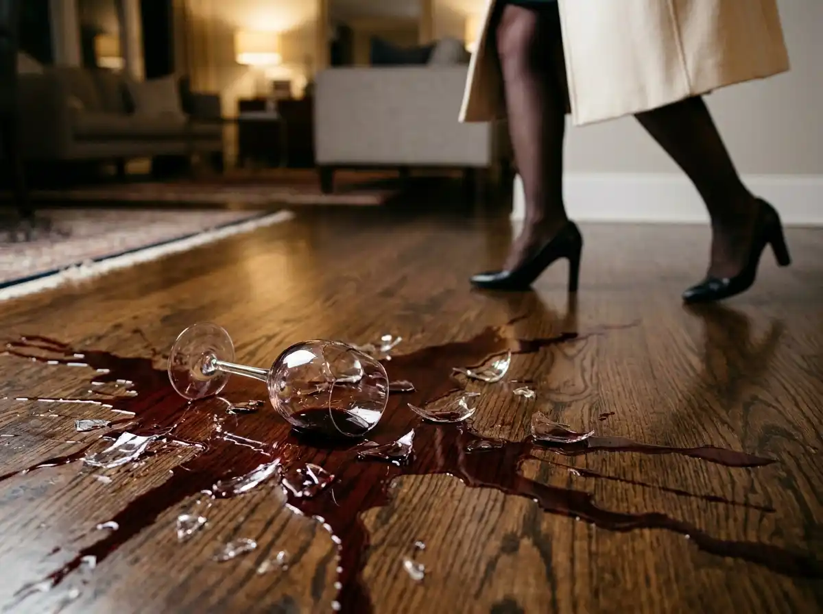 A shattered wine glass spilling red wine on a hardwood floor