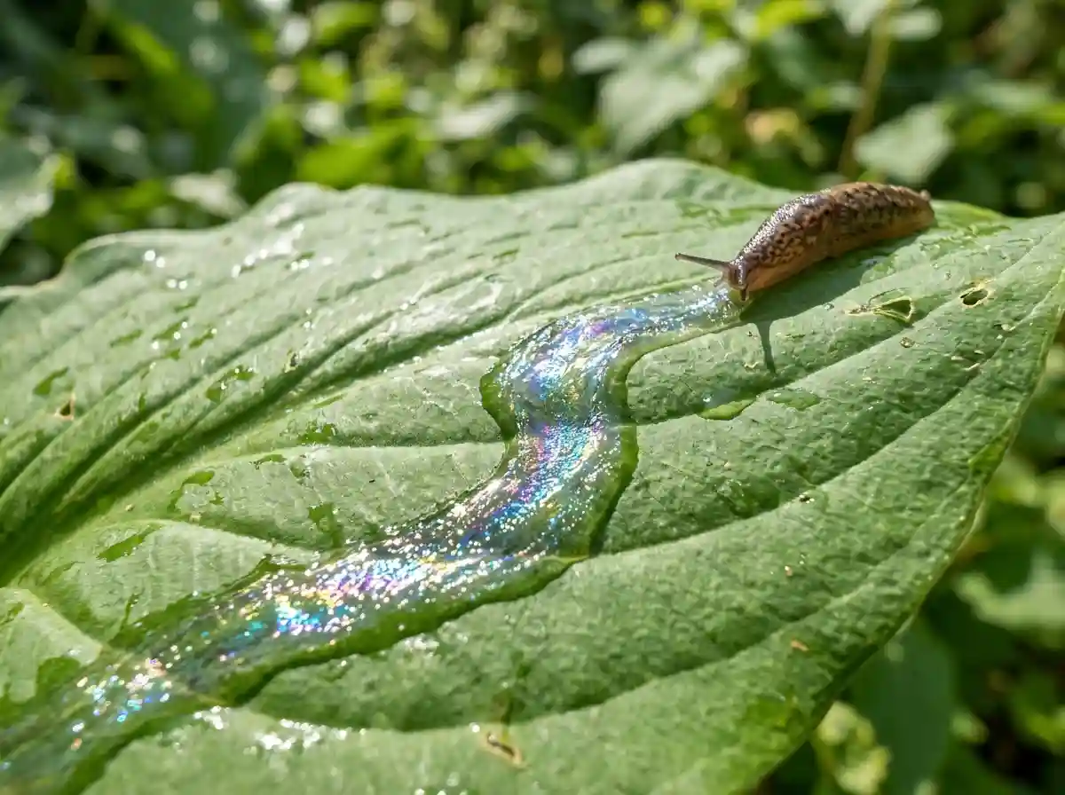 A macro photograph of a shimmering, silvery slug trail on a green leaf.