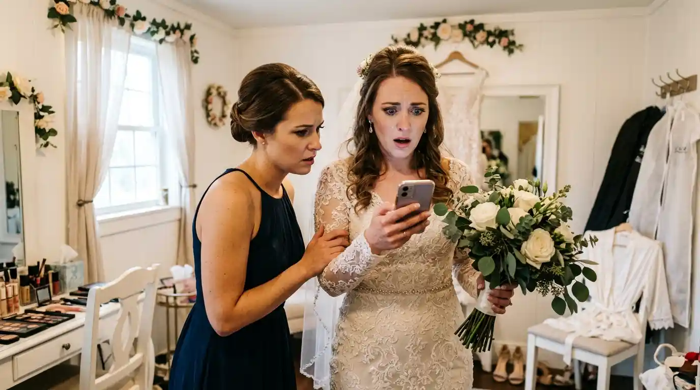 A bride looking shocked at her phone in a bridal suite while her friend watches