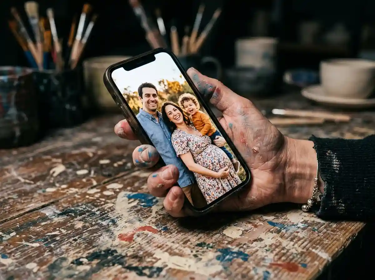 A woman holding a smartphone showing a family photo with a shaking hand