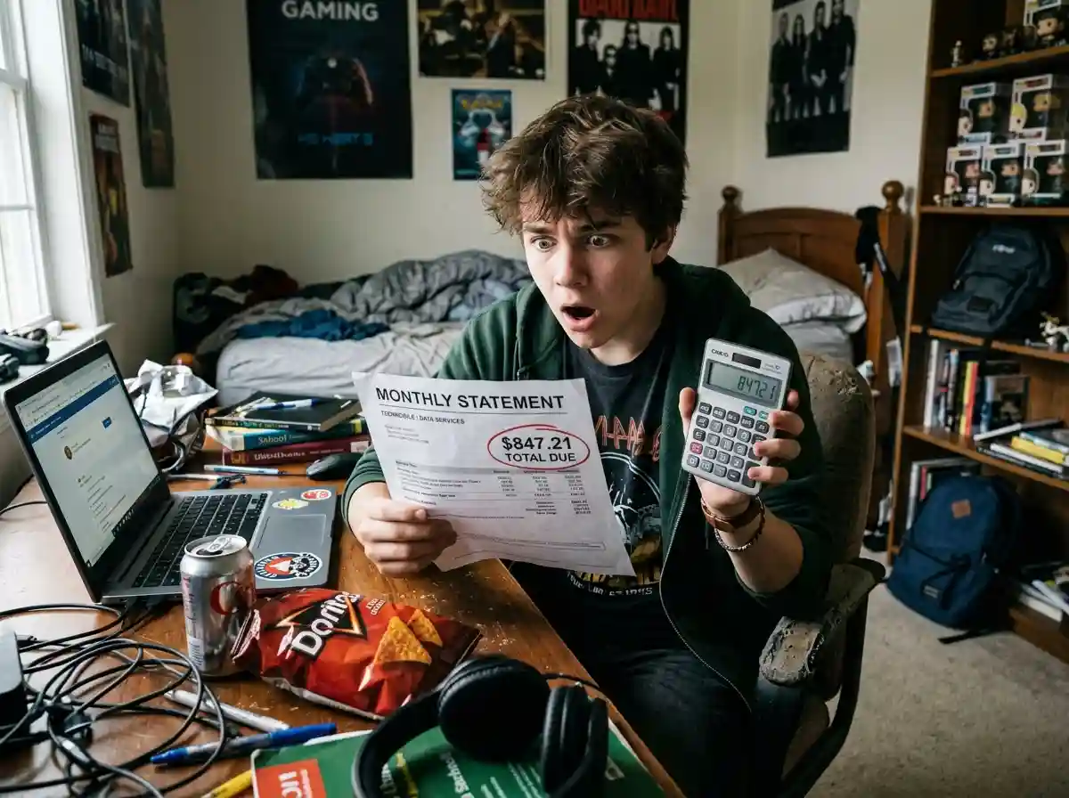 Shocked teenager holding a calculator and staring at an itemized list of living expenses