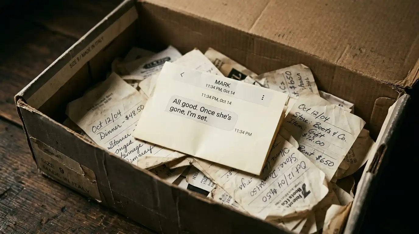 Inside a shoebox showing old receipts and a printed text message of betrayal