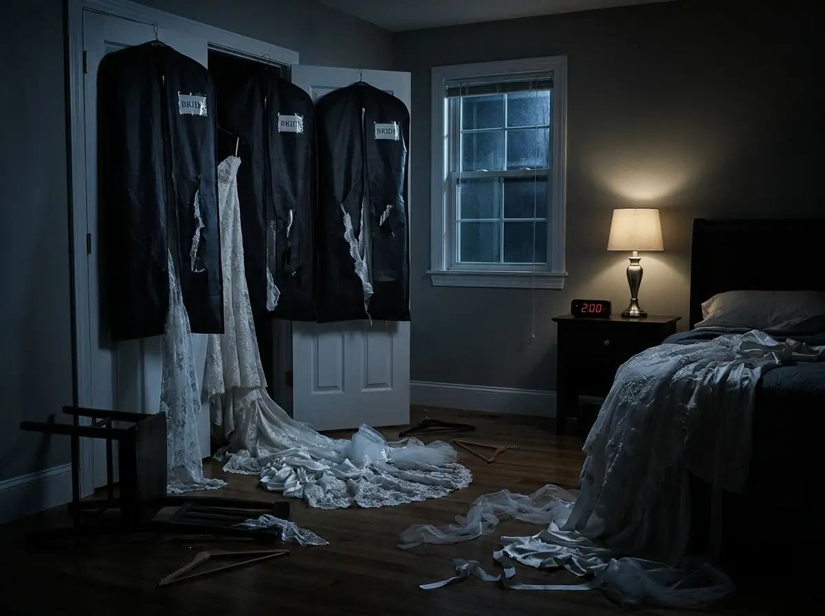 Four shredded and ruined wedding dresses hanging from a closet door in a dark bedroom.