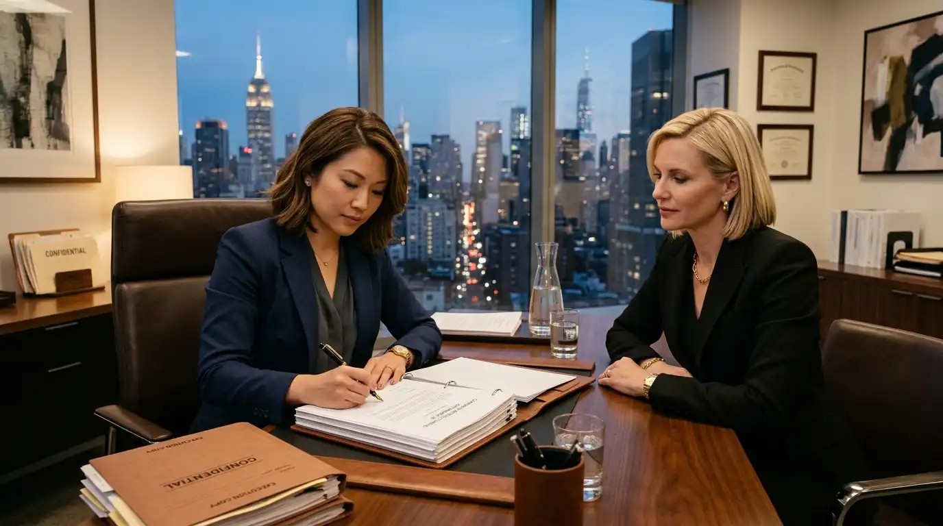 Sienna signing a massive corporate buyout contract in a sleek Manhattan lawyer's office