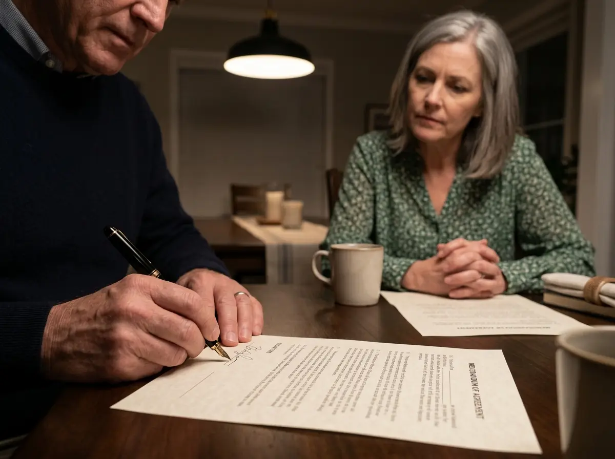 Close up of a hand signing a loan document on a wooden table
