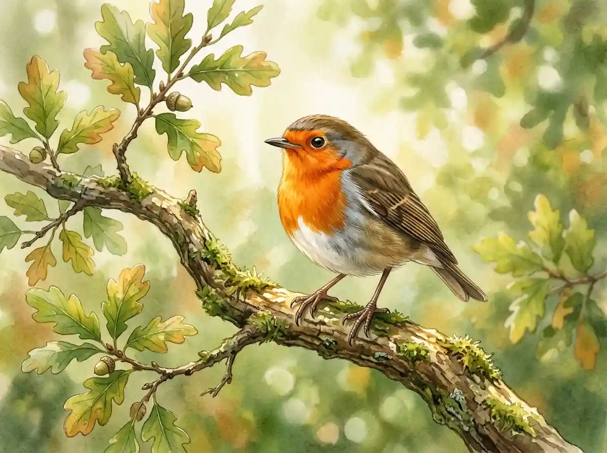 A single European robin perched gracefully on a sunlit branch