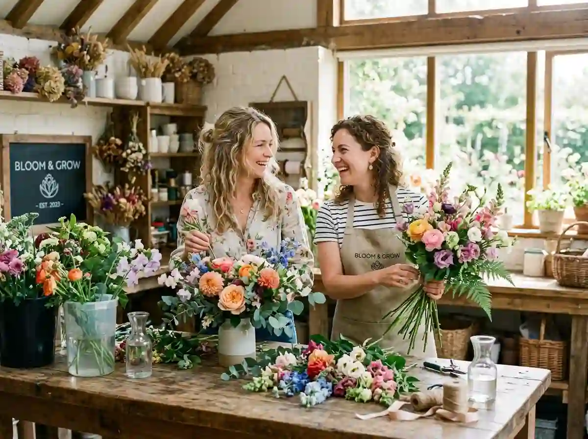 Two women smiling and arranging colorful flowers together in a sunny workshop